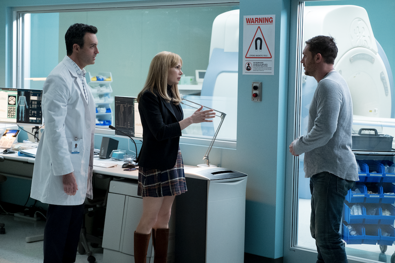 From left to right: Reid Scott as Dr. Dan, Michelle Williams as Anne Weying, and Tom Hardy as Eddie Brock in Sony’s Venom.